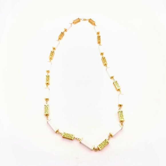 Vintage Gold and White Geometric Necklace with Intricate Rectangular Links - Picture 3 of 4